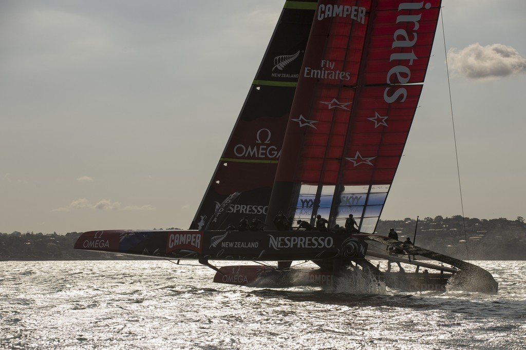 Emirates Team New Zealand in a practice race with Luna Rossa  on the Hauraki Gulf.  8/3/2013 - Emiratres Team NZ and Luna Rossa, Practice Racing March 8, 2013, Takapuna, NZNZ photo copyright Chris Cameron/ETNZ http://www.chriscameron.co.nz taken at  and featuring the  class