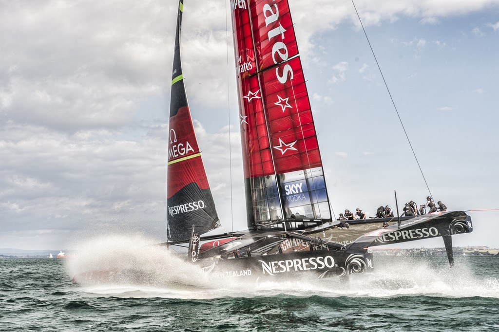 Emirates Team New Zealand bears away at the first mark in a practice race with Luna Rossa  on the Hauraki Gulf.  8/3/2013 - Emiratres Team NZ and Luna Rossa, Practice Racing March 8, 2013, Takapuna, NZNZ photo copyright Chris Cameron/ETNZ http://www.chriscameron.co.nz taken at  and featuring the  class