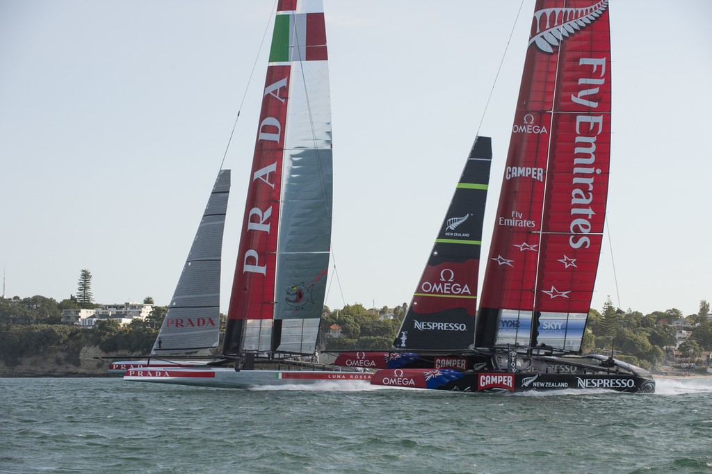 Emirates Team New Zealand and Luna Rossa on the first reaching leg of a practice race with Luna Rossa  on the Hauraki Gulf.  © Chris Cameron/ETNZ http://www.chriscameron.co.nz