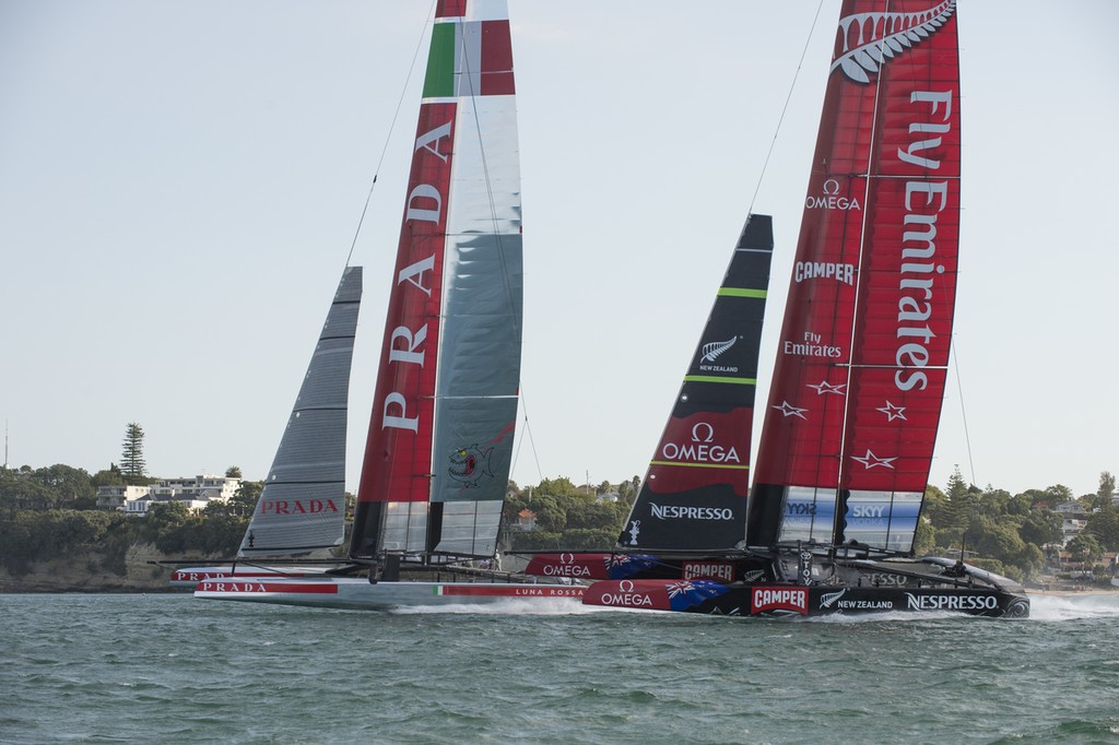 Emirates Team New Zealand on the first reaching leg of a practice race with Luna Rossa  on the Hauraki Gulf.  8/3/2013 - Emiratres Team NZ and Luna Rossa, Practice Racing March 8, 2013, Takapuna, NZNZ photo copyright Chris Cameron/ETNZ http://www.chriscameron.co.nz taken at  and featuring the  class