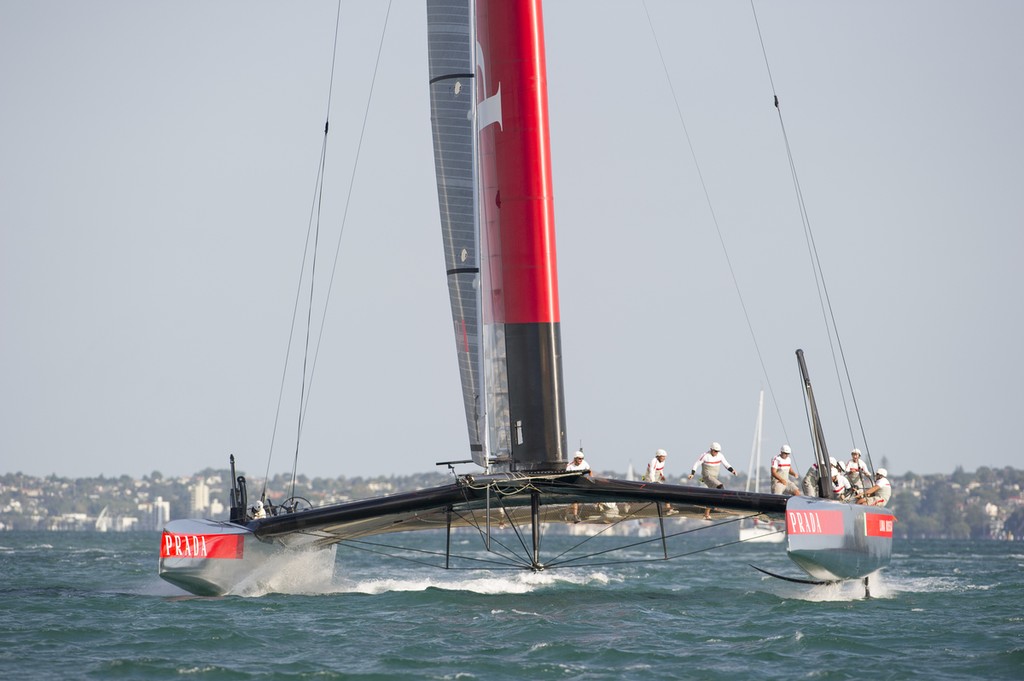 Luna Rossa in a practice race with Emirates Team New Zealand  on the Hauraki Gulf.  8/3/2013 - Emiratres Team NZ and Luna Rossa, Practice Racing March 8, 2013, Takapuna, NZNZ photo copyright Chris Cameron/ETNZ http://www.chriscameron.co.nz taken at  and featuring the  class