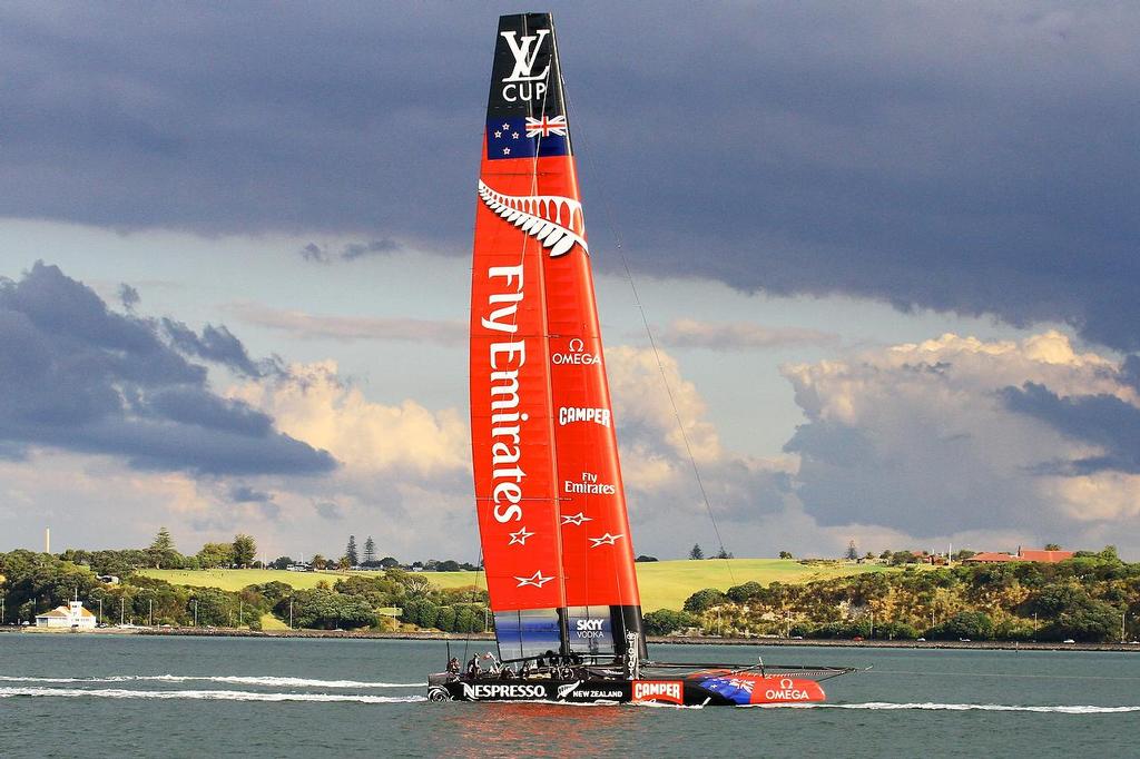 Return home in sunset - Emirates Team NZ - March 2013 photo copyright Richard Gladwell www.photosport.co.nz taken at  and featuring the  class