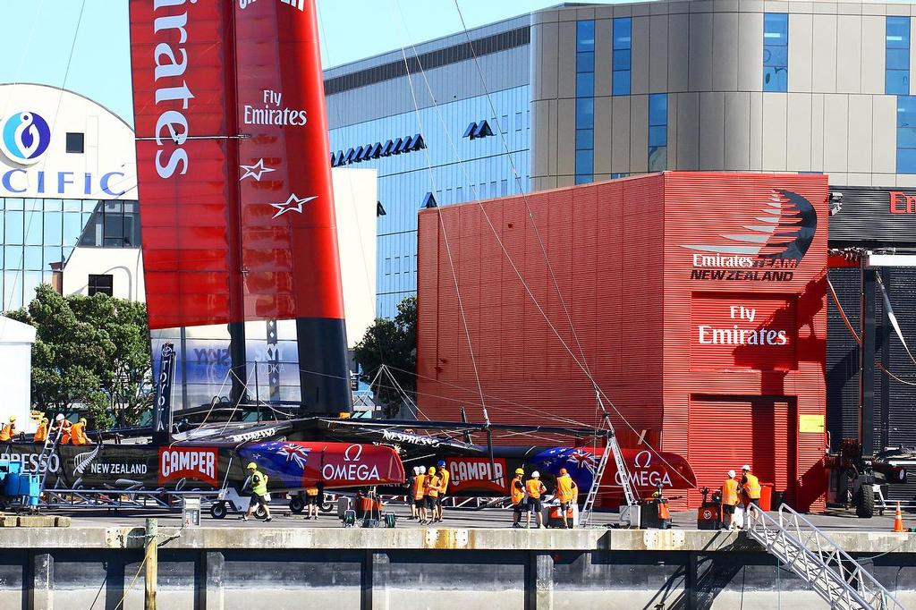 Rigging prior to launch - Emirates Team NZ - March 2013 photo copyright Richard Gladwell www.photosport.co.nz taken at  and featuring the  class