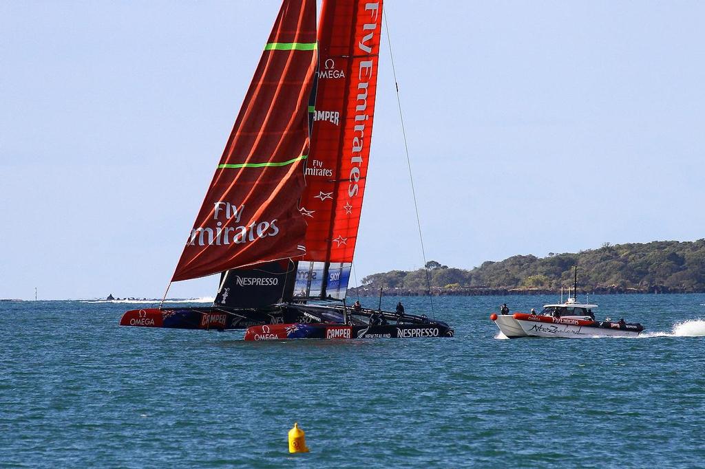 Gennaker half furled - Emirates Team NZ - March 2013 photo copyright Richard Gladwell www.photosport.co.nz taken at  and featuring the  class