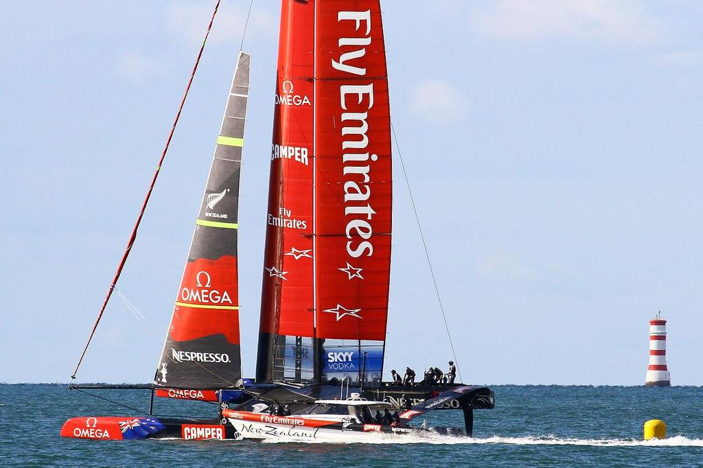 Chase boat in position - Emirates Team NZ - March 2013 photo copyright Richard Gladwell www.photosport.co.nz taken at  and featuring the  class