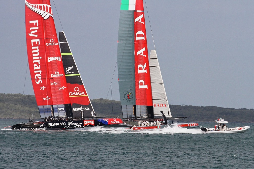 Emirates Team NZ starts angling for the windward position at the start - AC72 Race Practice - Takapuna March 8, 2013 photo copyright Richard Gladwell www.photosport.co.nz taken at  and featuring the  class