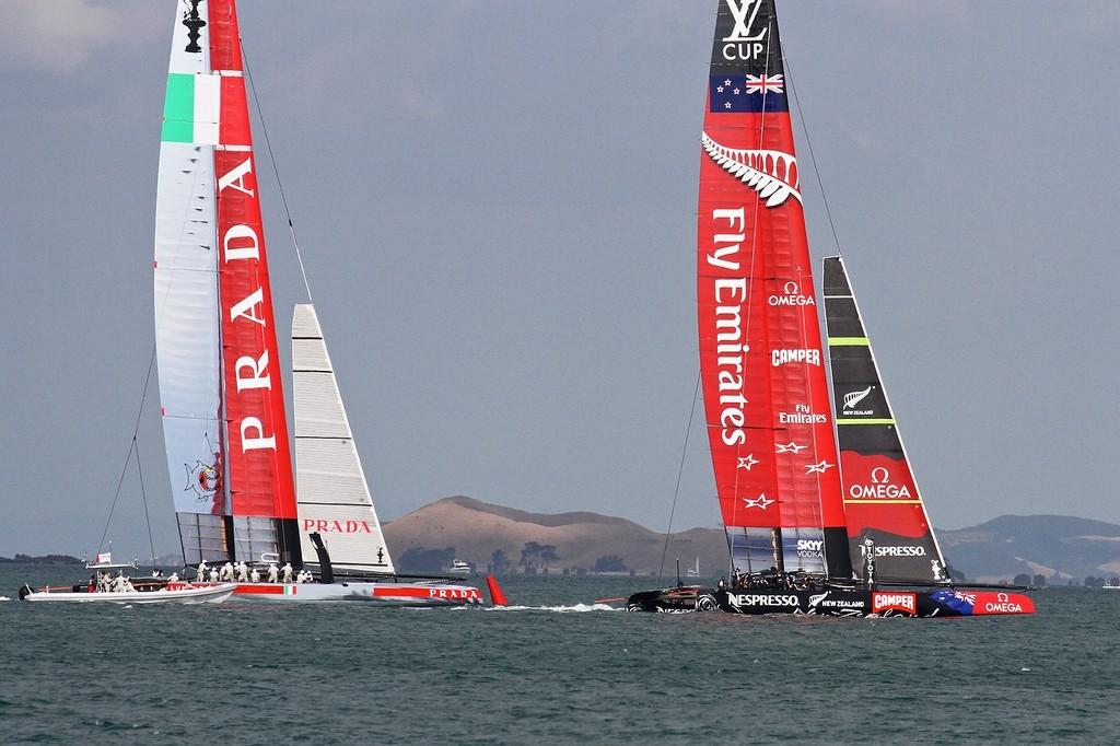 Emirates Team NZ protects the windward position and is the give way boat on Luna Rossa to leeward- AC72 Race Practice - Takapuna March 8, 2013 photo copyright Richard Gladwell www.photosport.co.nz taken at  and featuring the  class