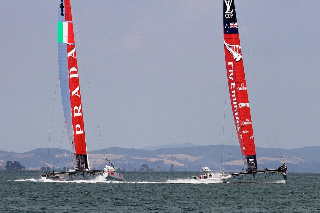 Both boats are now on the first reach and accelerating - AC72 Race Practice - Takapuna March 8, 2013 photo copyright Richard Gladwell www.photosport.co.nz taken at  and featuring the  class