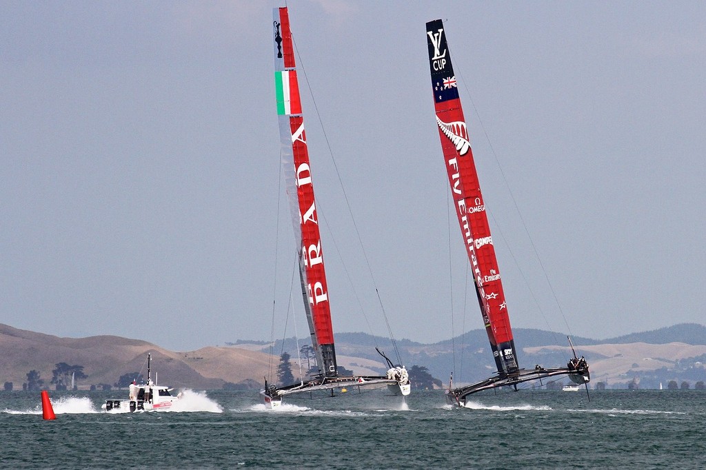Emierates Team NZ appear to have broken through to windward of the Italian Luna Rossa - AC72 Race Practice - Takapuna March 8, 2013 photo copyright Richard Gladwell www.photosport.co.nz taken at  and featuring the  class