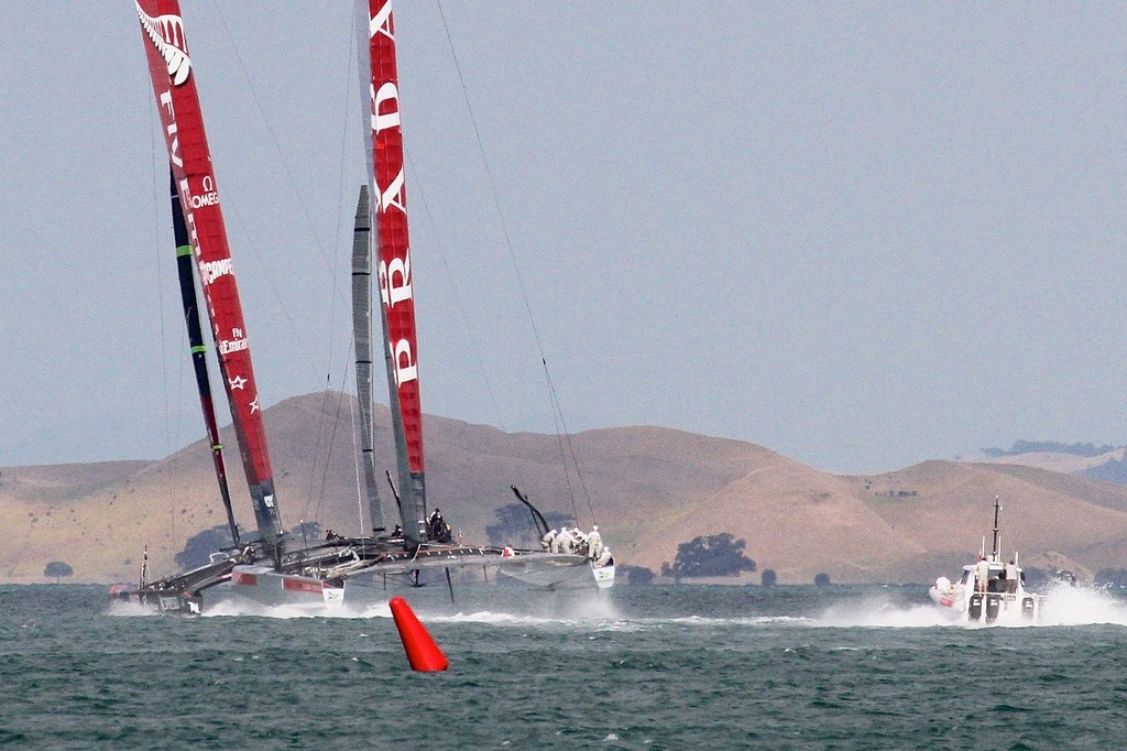 Flying on the reach heading for the turning mark - AC72 Race Practice - Takapuna March 8, 2013 photo copyright Richard Gladwell www.photosport.co.nz taken at  and featuring the  class