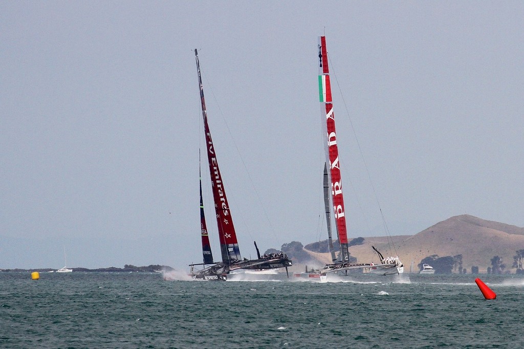 Emiartes Team NZ continues to turn as the mark comes into sight - not yet on foils - AC72 Race Practice - Takapuna March 8, 2013 photo copyright Richard Gladwell www.photosport.co.nz taken at  and featuring the  class