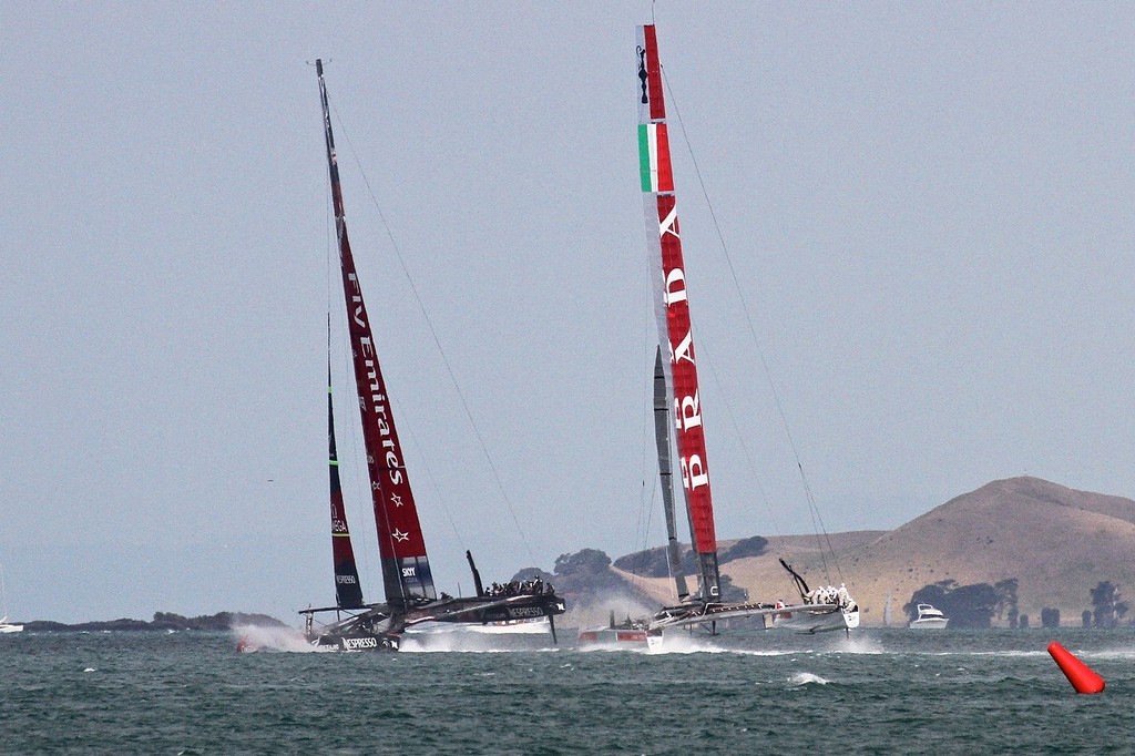 Emirates Team NZ starts to bear away heading for the turning mark - AC72 Race Practice - Takapuna March 8, 2013 photo copyright Richard Gladwell www.photosport.co.nz taken at  and featuring the  class