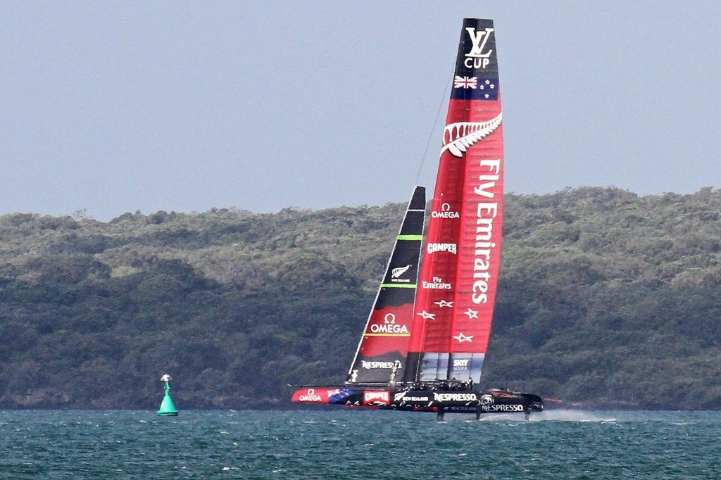 Emirates Team NZ gets into her work on the downwind leg - AC72 Race Practice - Takapuna March 8, 2013 photo copyright Richard Gladwell www.photosport.co.nz taken at  and featuring the  class
