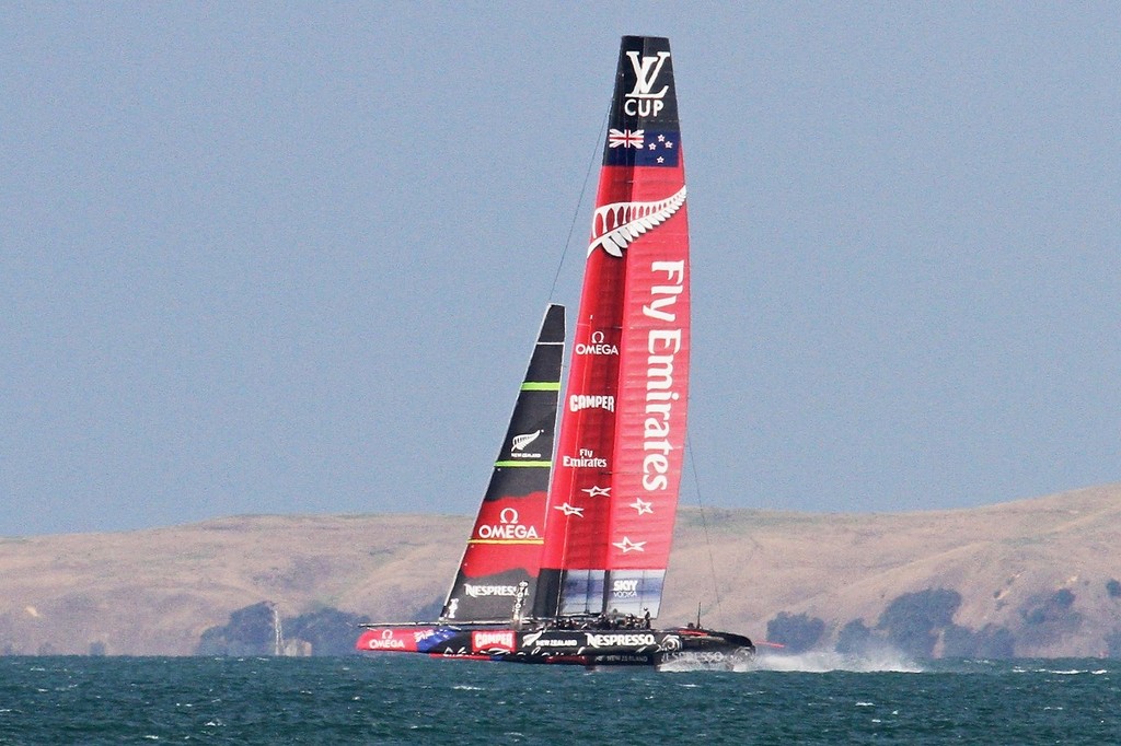 Emirates Team NZ flies down the back straight in winds of 20kts - AC72 Race Practice - Takapuna March 8, 2013 photo copyright Richard Gladwell www.photosport.co.nz taken at  and featuring the  class