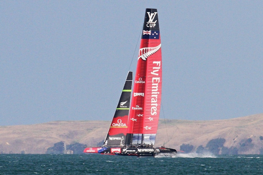 Emirates Team NZ flies down the back straight in winds of 20kts - AC72 Race Practice - Takapuna March 8, 2013 photo copyright Richard Gladwell www.photosport.co.nz taken at  and featuring the  class