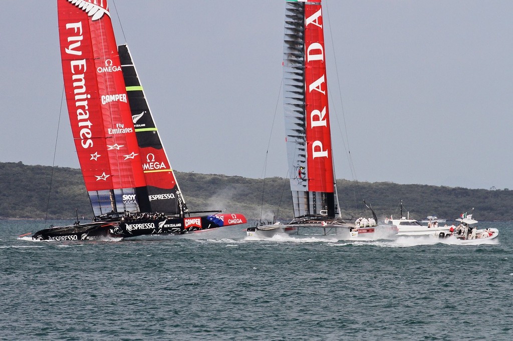 Emirates Team NZ slows slightly to let Luna Rossa pass through to leeward - AC72 Race Practice - Takapuna March 8, 2013 photo copyright Richard Gladwell www.photosport.co.nz taken at  and featuring the  class
