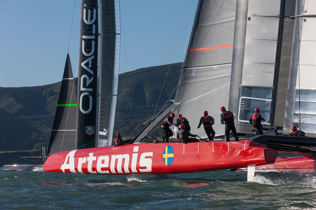 Artemis Racing and Oracle Team USAAC72 training in San Francisco Bay  in early February © Artemis Racing http://www.artemisracing.com