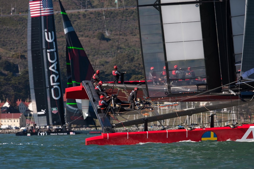 Artemis Racing and Oracle Team USA AC72 training in San Francisco Bay  in early February photo copyright Artemis Racing http://www.artemisracing.com taken at  and featuring the  class