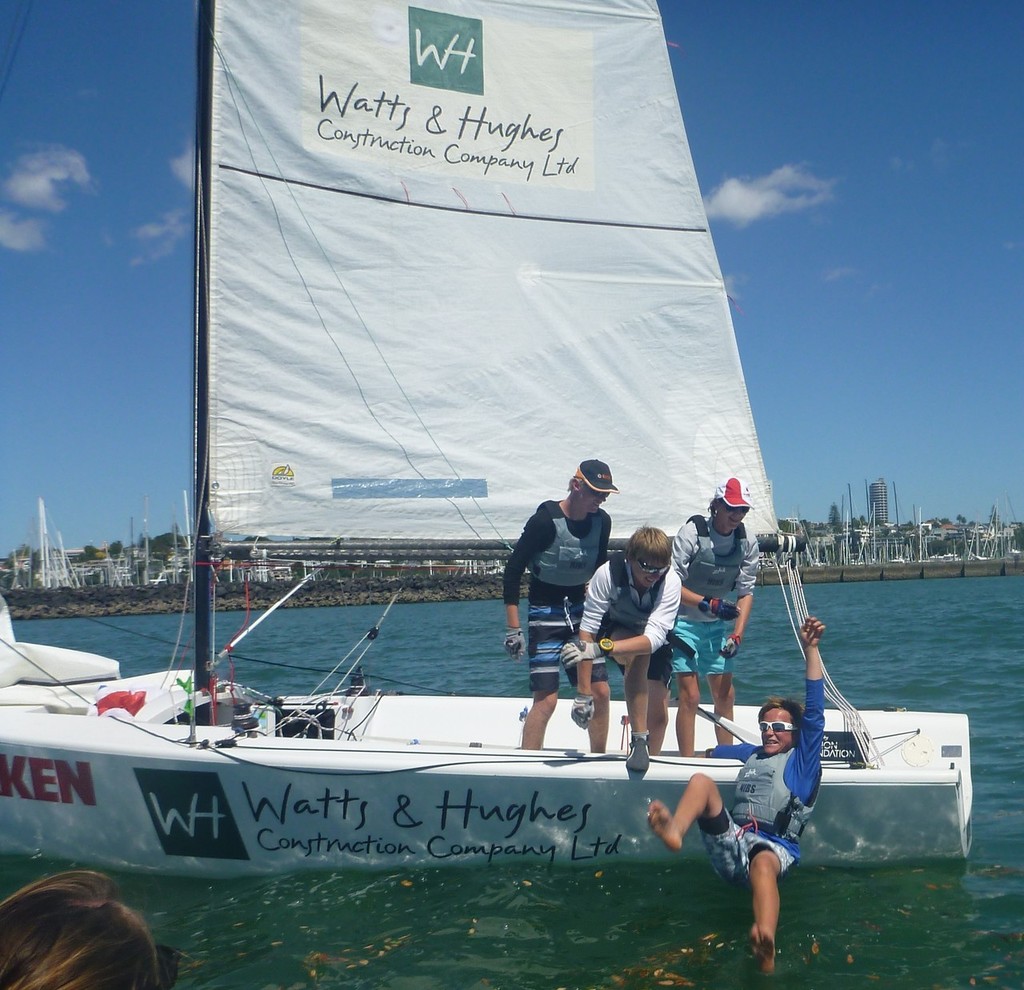 HIBS skipper George Gautrey goes swimming - RNZYS Harken Schools Regatta 2013 photo copyright Amber Roberts taken at  and featuring the  class