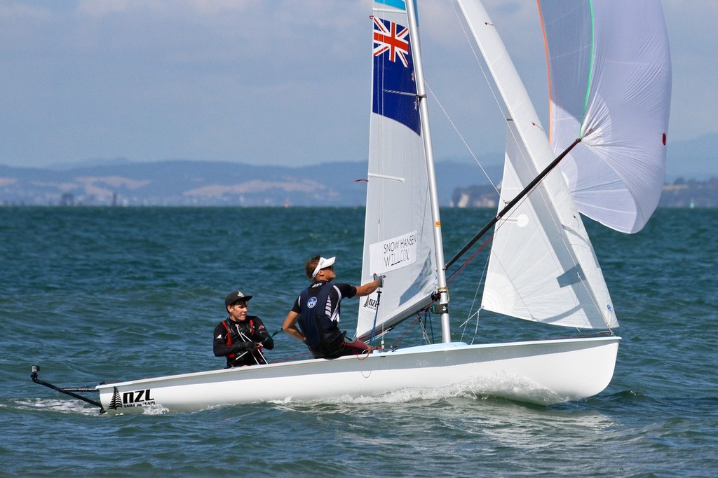 Paul Snow-Hansen and Daniel Willcox training in the 470, ahead of leaving on their 2013 European campaign - Takapuna. The bracket on the back holds a mini-cam to video record the training session. © Richard Gladwell www.photosport.co.nz