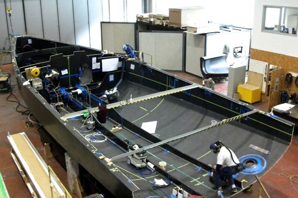 Final building stage of the Volvo Ocean 65 first hull at Persico Marine, Italy.  © Mark Somerville/Persico Marine