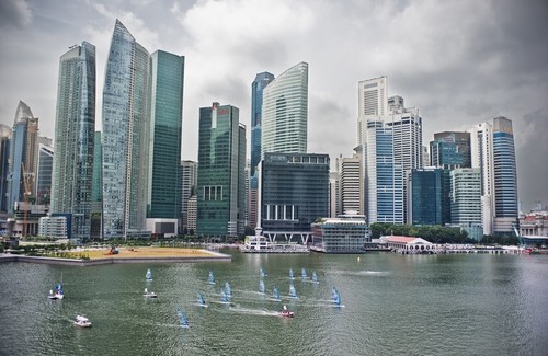 An ariel view of the NeilPryde Racing Series competing in Singapore during Act 9 of the Extreme Sailing Series 2011 © NeilPryde, Alex Zenovic