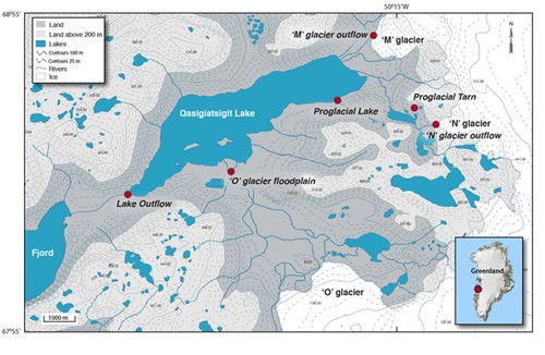 Research area: During the course of two expeditions to the Greenland ice sheet in May and July 2008, Bhatia and her colleagues collected samples from sites at three land-terminating glaciers. The meltwater from these glaciers travels through a flood plain and eventually drains into Qasigiatsigit Lake, before finally emptying into the fjord. © Maya Bhatia / WHOI http://www.whoi.edu/