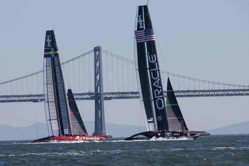 Artemis Racing and Oracle Team USA AC72 training in San Francisco Bay  in early February © Artemis Racing http://www.artemisracing.com