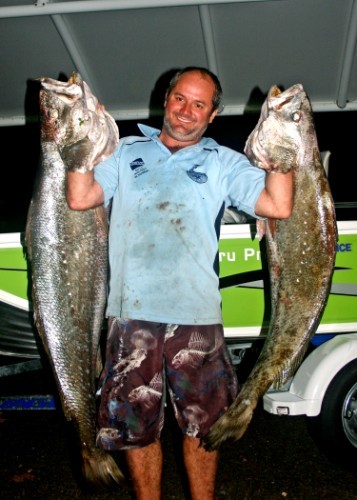 2012 Champion Angler Stephen Christie with 2x fine Mulloway.  - 2013 Club Marine Trailer Boat Fishing Tournament  © Tony Poole