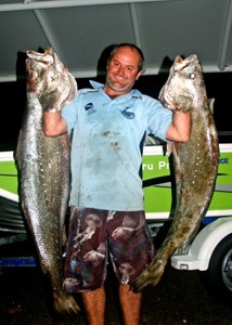 2012 Champion Angler Stephen Christie with 2x fine Mulloway.  - 2013 Club Marine Trailer Boat Fishing Tournament photo copyright Tony Poole taken at  and featuring the  class