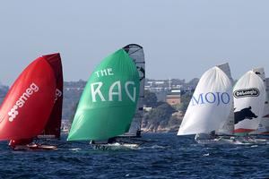 Australian 18ft Skiff League Club Championship 2013 - Another close finish photo copyright Frank Quealey /Australian 18 Footers League http://www.18footers.com.au taken at  and featuring the  class