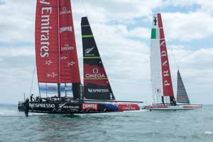 Emirates Team New Zealand training with Luna Rossa in their second AC72, NZL5 on the Hauraki Gulf, Auckland. 1/3/2013 photo copyright Chris Cameron/ETNZ http://www.chriscameron.co.nz taken at  and featuring the  class