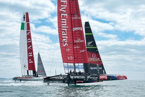 Emirates Team New Zealand training with Luna Rossa in their second AC72, NZL5 on the Hauraki Gulf, Auckland. 1/3/2013 photo copyright Chris Cameron/ETNZ http://www.chriscameron.co.nz taken at  and featuring the  class