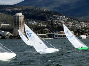 The fleet beating to windward off Hobart's Wrest Point Casino in Sandy Bay - 2013 2.4mR National Championship photo copyright Peter Campbell taken at  and featuring the  class