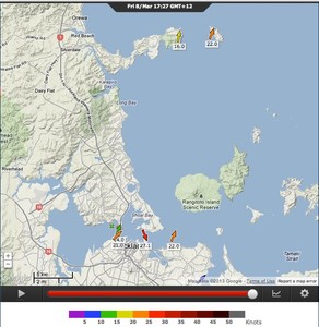 PredictWind Location of Weather stations - Tiritiri is at the top reading 22kts (average), Bean Rock is at the bottom reading 22kts (average). The AC72s raced  off Takapuna Beach opposite the inland lake. From Takapuna Beach they sailed on starboard into the Channel before turning downwind and heading in the direction of Tiritiri. The red and white striped lighthouse that the boats sail past is at the nearest point of Rangitoto to Takapuna. photo copyright PredictWind.com www.predictwind.com taken at  and featuring the  class