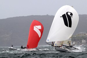 Thurlow Fisher to leeward of Gotta Love It 7 - Race 7, JJ Giltinan Trophy, 2013, Sydney Harbour photo copyright Frank Quealey /Australian 18 Footers League http://www.18footers.com.au taken at  and featuring the  class