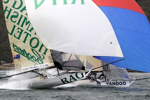 The Rag passes to leeward of John Winning&rsquo;s Yandoo - Race 7, JJ Giltinan Trophy, 2013, Sydney Harbour photo copyright Frank Quealey /Australian 18 Footers League http://www.18footers.com.au taken at  and featuring the  class