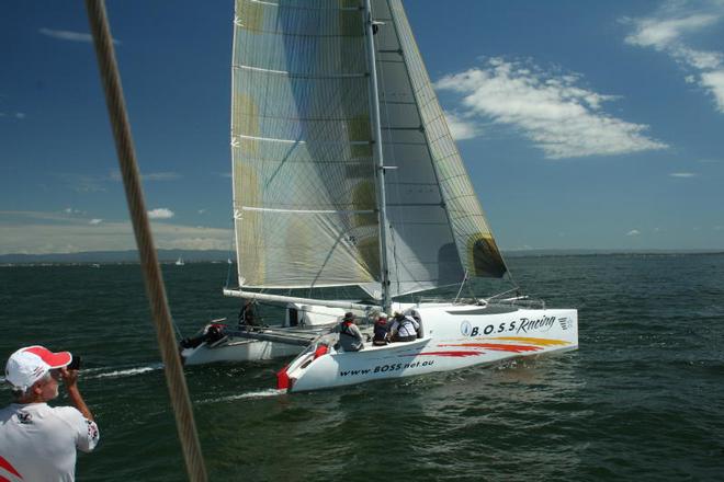 Boss was powered up early with screacher unfurled - Allyacht Spars Brisbane to Gladstone Multihull Yacht Race © Peter Hackett