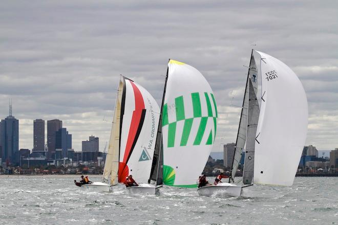 The group of Thompson 7s stick together downwind - Australian Sports Boat Association National Championships 2013 © Teri Dodds http://www.teridodds.com