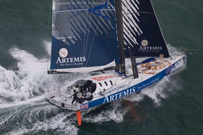 The Artemis Challenge 2012 at Aberdeen Asset Management Cowes Week. The Isle of Wight. UK. Teams of monohull IMOCA 60s and multihull MOD 70s race around the island to claim Â£12,000 for charity today. ..IMOCA Open60 Artemis Ocean Racing 2 skippered by Olympic silver medalist Nick Dempsey and match racer Lucy Macgregor. © Artemis Challenge