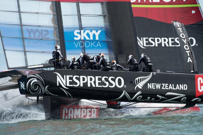 Emirates Team New Zealand sails solo around the course after Luna Rossa decide to boycott the first race of the Louis Vuitton Cup 2013. 7/7/2013 © Chris Cameron/ETNZ http://www.chriscameron.co.nz