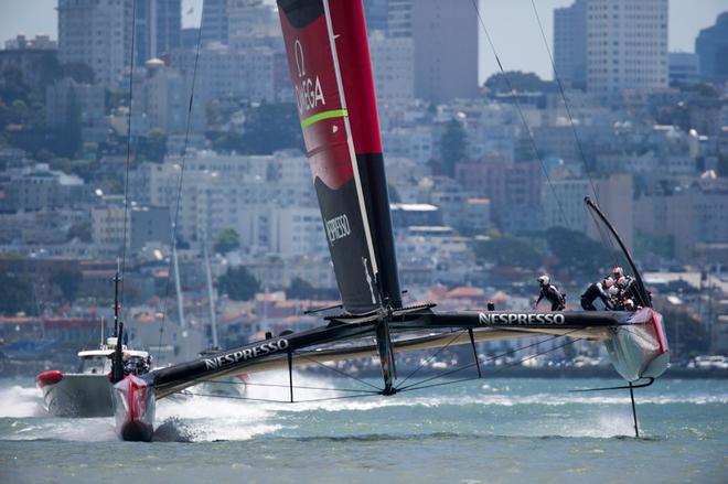Emirates Team New Zealand sail the course in race two against Artemis Racing who are not able to race yet. Louis Vuitton Cup 2013.  © Chris Cameron/ETNZ http://www.chriscameron.co.nz