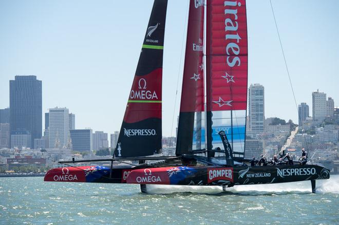 Emirates Team New Zealand sail the course in race two against Artemis Racing who are not able to race yet. Louis Vuitton Cup 2013.  © Chris Cameron/ETNZ http://www.chriscameron.co.nz
