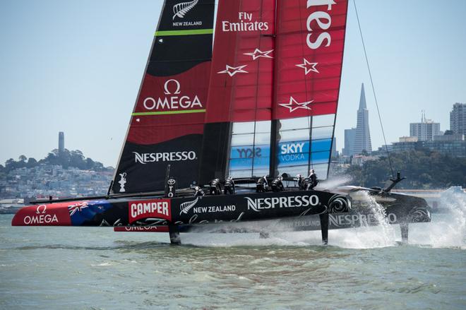 Emirates Team New Zealand sail the course in race two against Artemis Racing who are not able to race yet. Louis Vuitton Cup 2013. © Chris Cameron/ETNZ http://www.chriscameron.co.nz