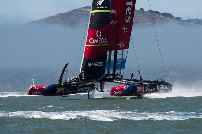 Emirates Team New Zealand sail the course in race two against Artemis Racing who are not able to race yet. Louis Vuitton Cup 2013.  © Chris Cameron/ETNZ http://www.chriscameron.co.nz