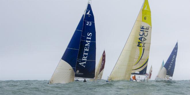 Five British skippers lined up for the 305nm Solo Arrimer on Thursday 11th April, including Artemis Offshore Academy rookies Ed Hill and Jack Bouttell and graduates Sam Goodchild, Henry Bomby and Nick Cherry. © Guillaume Grange Audialog