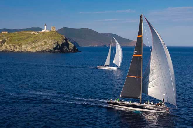 CAOL ILA R, Sail n: USA60669, Owner: ALEXANDER SCHAERER , Group 0  (IRC Classes 0-1-2)<br />
BELLA MENTE, Sail n: USA45, Owner: HAP FAUTH, Group 0 (IRC >18.29 mt)<br />
rounding the Giraglia Rock ©  Rolex / Carlo Borlenghi http://www.carloborlenghi.net