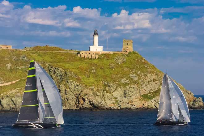 JETHOU, Sail n: GBR 74R, Owner: SIR PETER OGDEN, Group 0 (IRC >18.29 mt)<br />
STIG, Sail n: ITA65000, Owner: ALESSANDRO ROMBELLI, Group 0 (IRC >18.29 mt)<br />
rounding the Giraglia Rock ©  Rolex / Carlo Borlenghi http://www.carloborlenghi.net