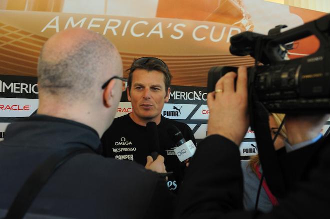 Skipper of the Emirates Team New Zealand, Dean Barker, is interviewed by media  - America’s Cup WS, Naples Media Conference April 16, 2013 ©  SW