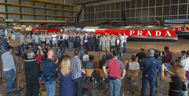 Luna Rossa Press Conference inside one  of the former hangars Alameda, San Francisco in May 2013<br />
 © Carlo Borlenghi/Luna Rossa http://www.lunarossachallenge.com